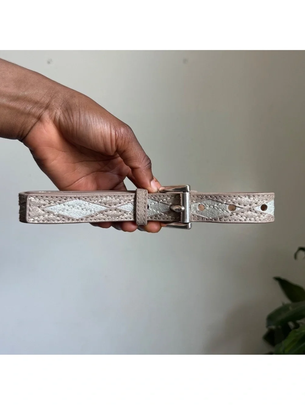 2000s Michael Kors Genuine Leather Metallic Silver Quilted Skinny Belt - S
